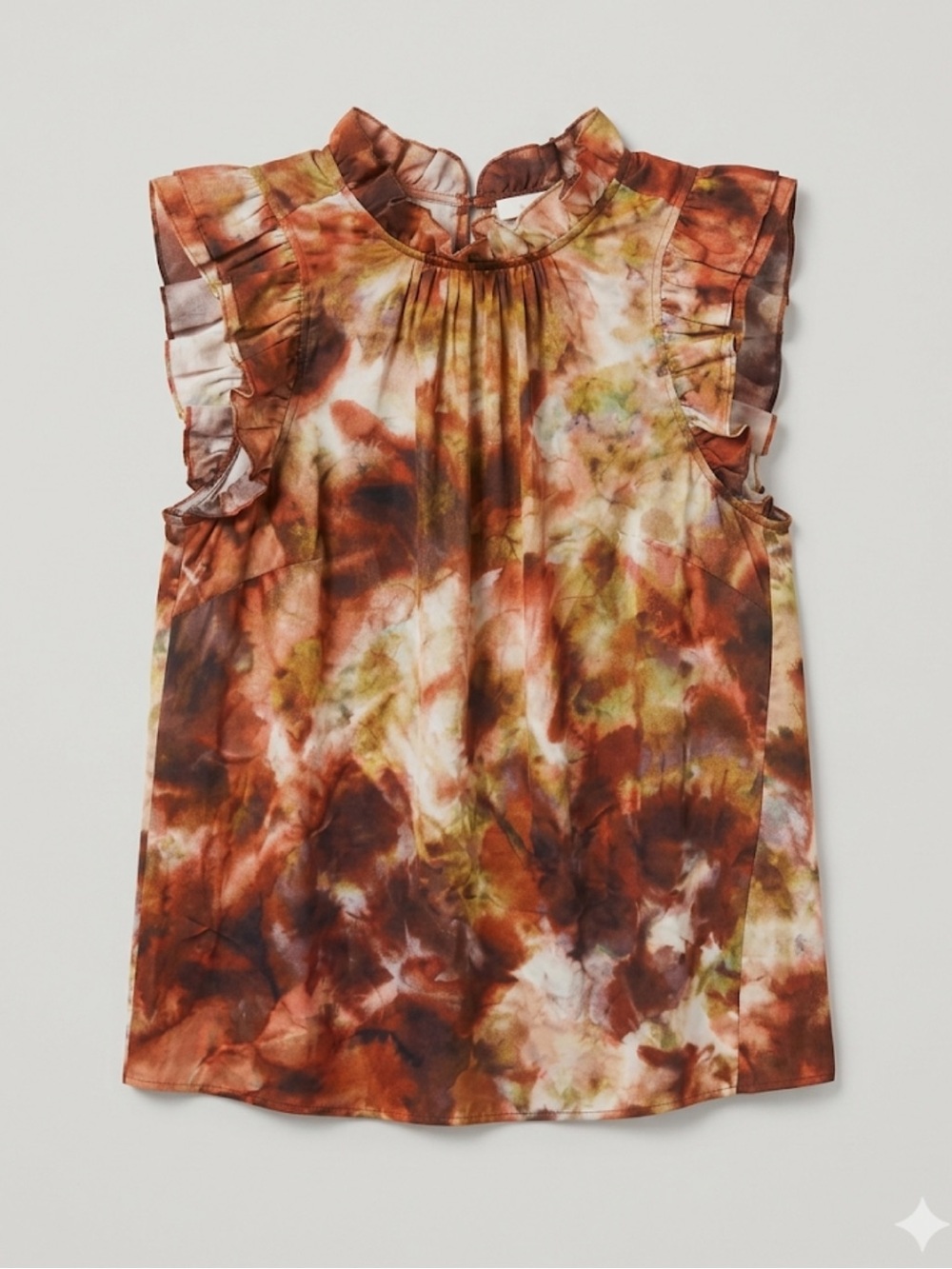 Marie Oliver Sleeveless Ruffle Tie-Dye Blouse in Rust & Olive